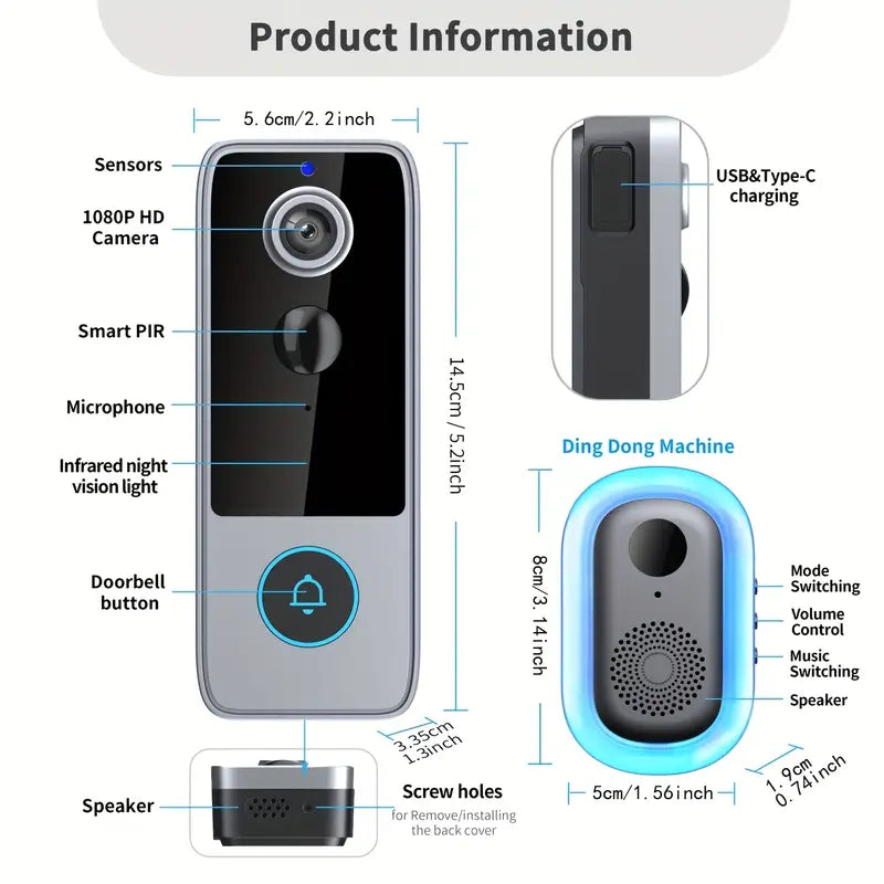GuardianBell Pro AI Night Vision Doorbell HD Video