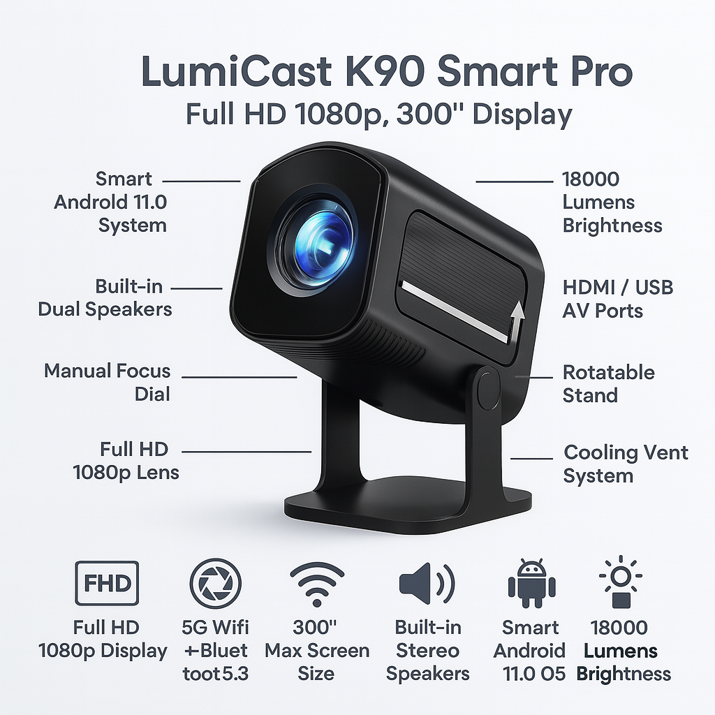 LumiCast K90 Smart Projector – Full HD 1080p with Android Support