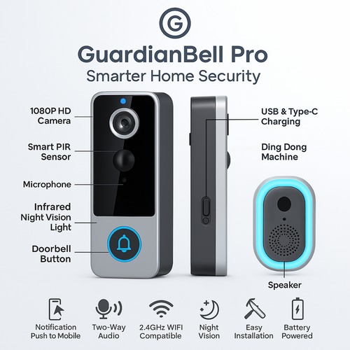 GuardianBell Pro AI Night Vision Doorbell HD Video